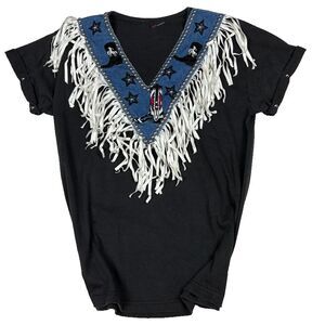 Vintage Western Fringe Shirt Denim V Neck Cowboy Rodeo Boots Top 80s 90s Women’s